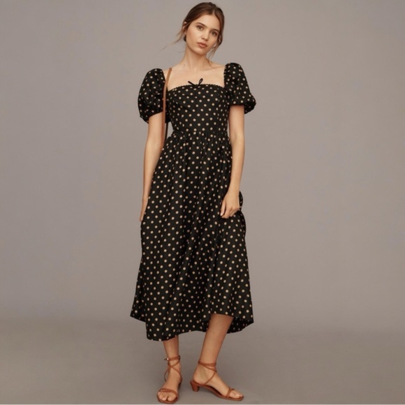 Reformation Black and Cream Polka Dot Midi Dress - Picture 1 of 12